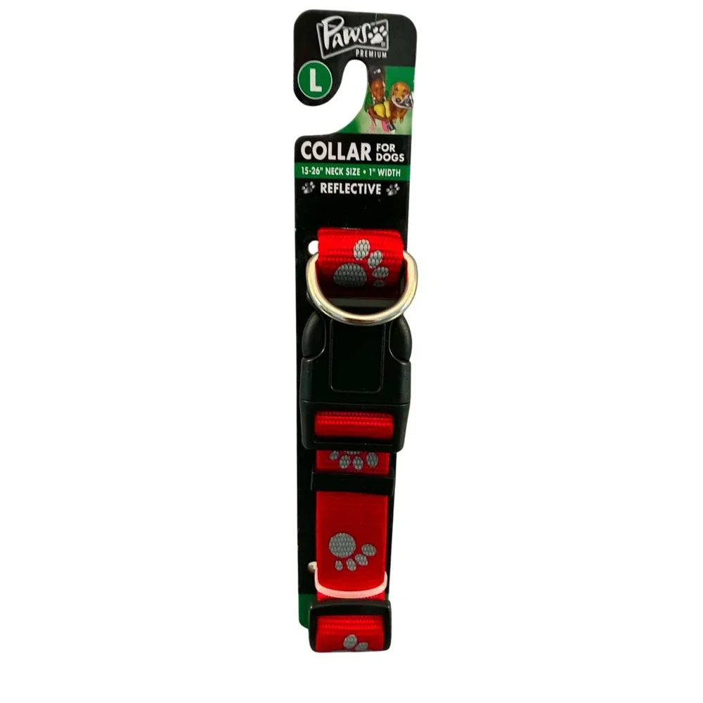 Paws Premium Dog Collar Large Red‎ Reflective Paw Print Adjustable 15-26in